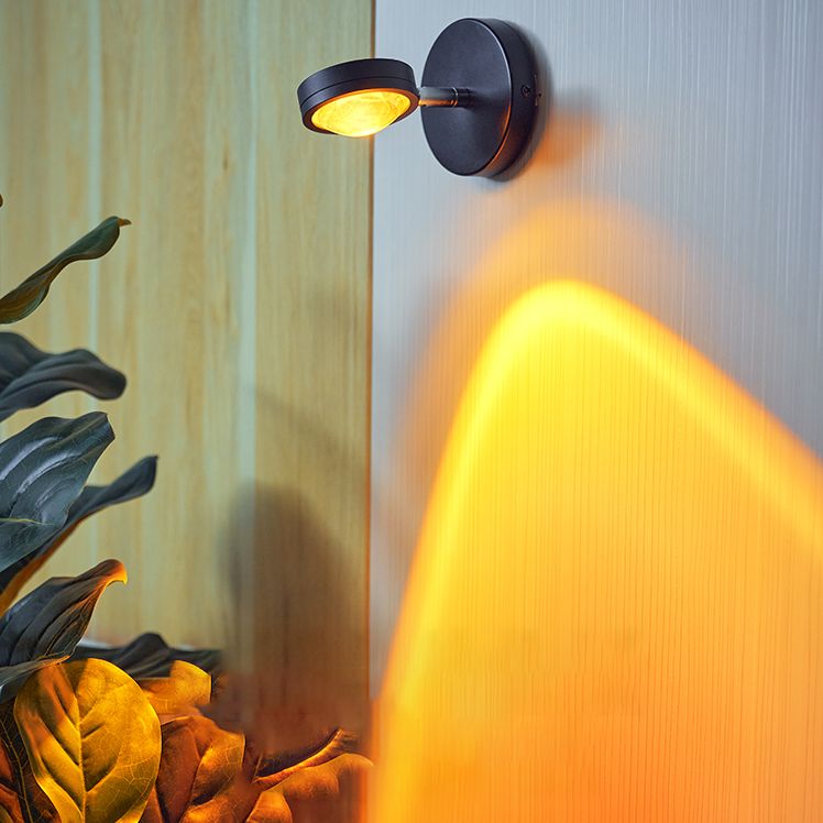 Round Sunset Projection Lamp Trendy Modern Metal Bedside LED Wall Light in Black