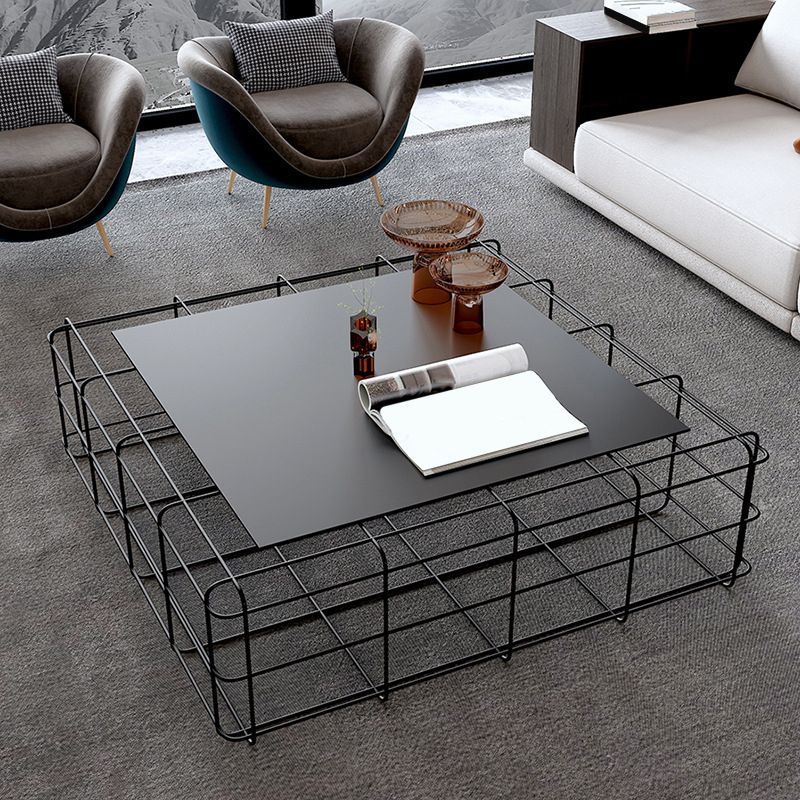 Black Mid-Century Modern Coffee Table with Iron Top and  Frame Base