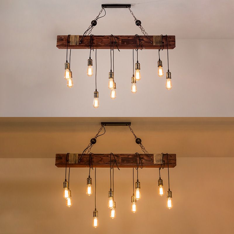 Linear Island Lighting Wood Retro Industrial Style Pendant Lighting Fixtures for Restaurant