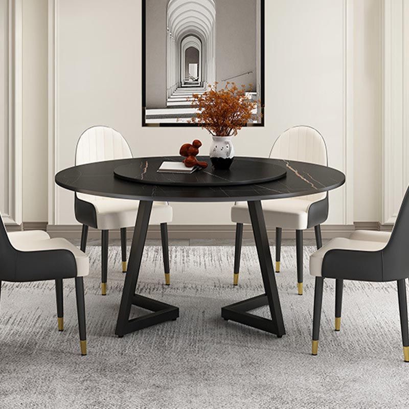 Black Double Pedestal Table Modern Round Stone and Metal Dining Room Table