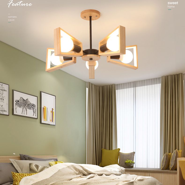 Ultra-modern Sputnik Hanging Chandelier Wood Hanging Lamp with Hanging Cord for Restaurant