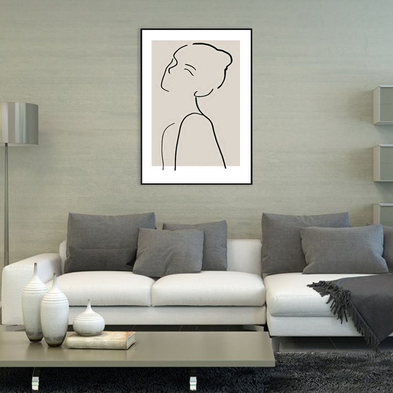 Elegant Woman Line Drawing Canvas Wall Art for Girls Bedroom, Beige and Black, Textured
