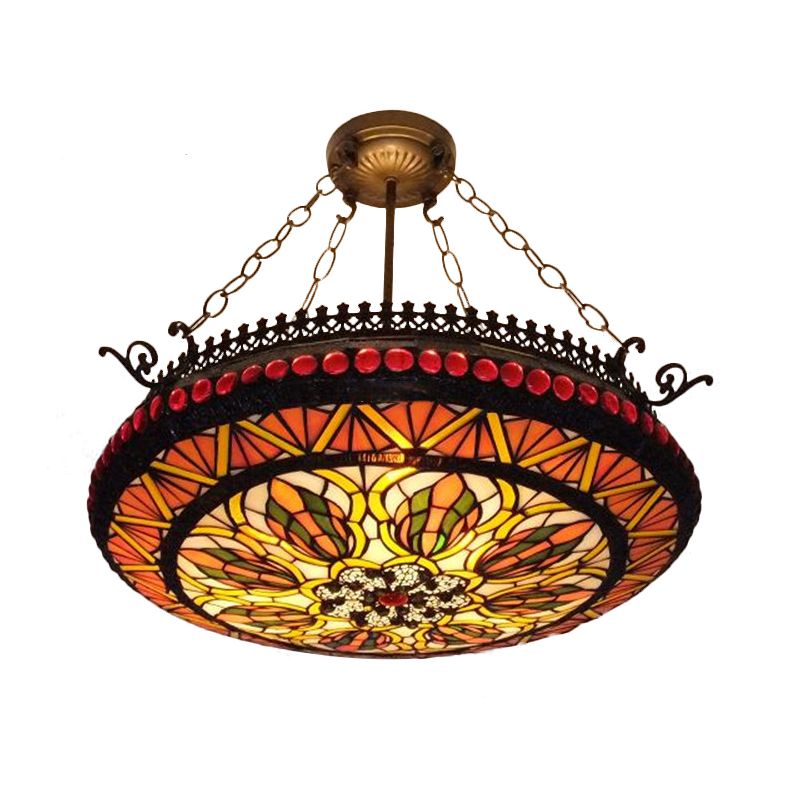 Inverted Chandelier Lighting Tiffany 3 Lights Stained Glass Hanging Light in Orange/Green