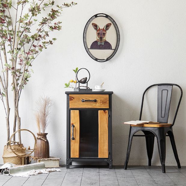 Metal & Wood Accent Cabinet Industrial Style Glass Paned Storage Cabinet