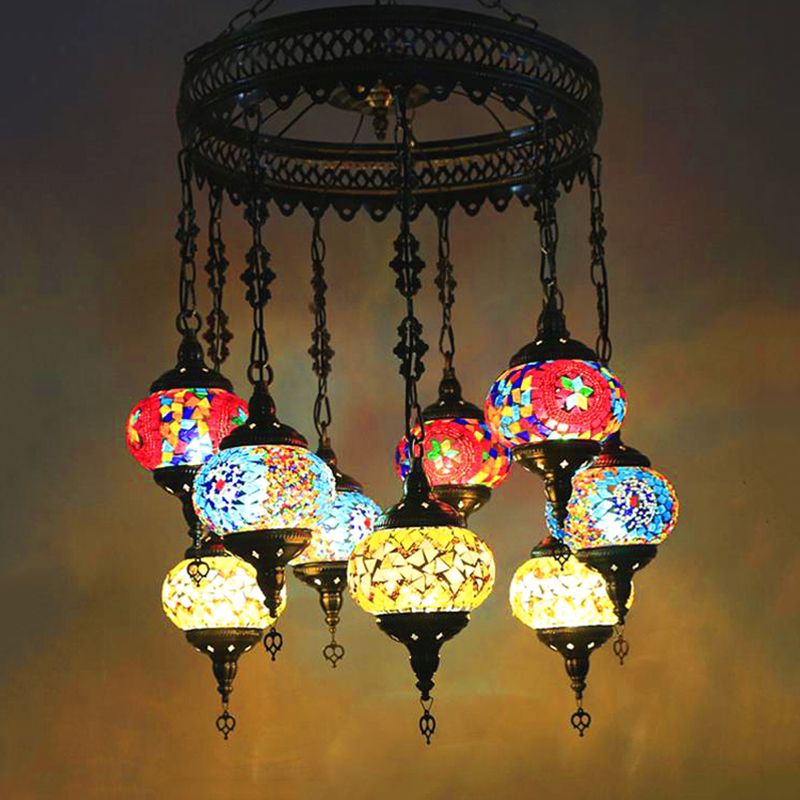 10-Light Oval Chandelier Lamp Bohemia Style Red/Yellow/Orange Stained Glass Down Lighting with Round Design