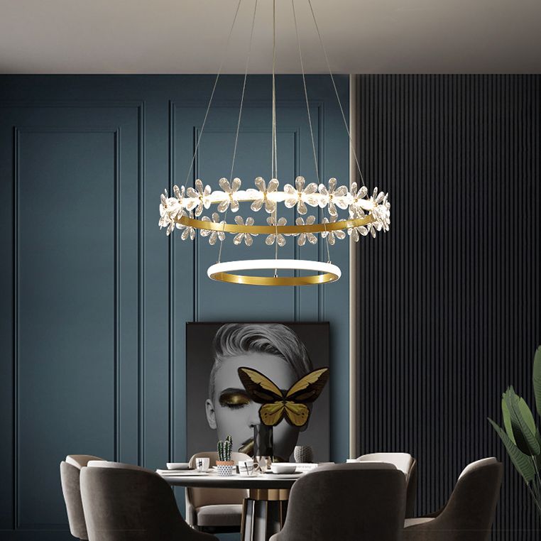 Gold Finish Wreath Pendant Light Minimalist Crystal LED Chandelier with Metal Ring