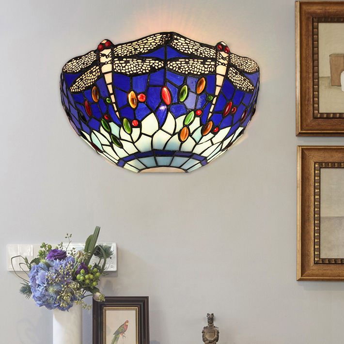 Half-Bowl Wall Light with Dragonfly and Jewel Tiffany Stained Glass Wall Sconce in Red/Blue for Cafe
