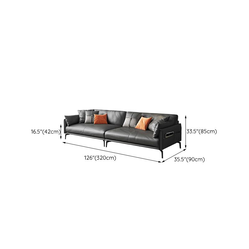 Mid-Century Modern Loose Back Sofa Gray Genuine Leather Aqure Arm Sofa