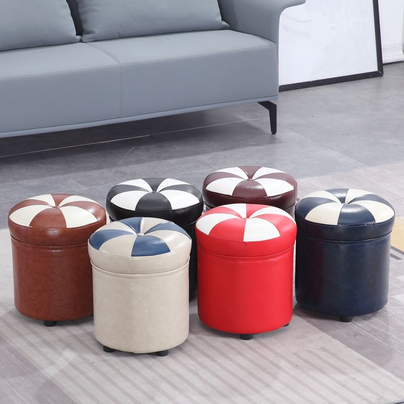 Wine Red Round Pouf Leather Color Piece Pouf for Drawing Room