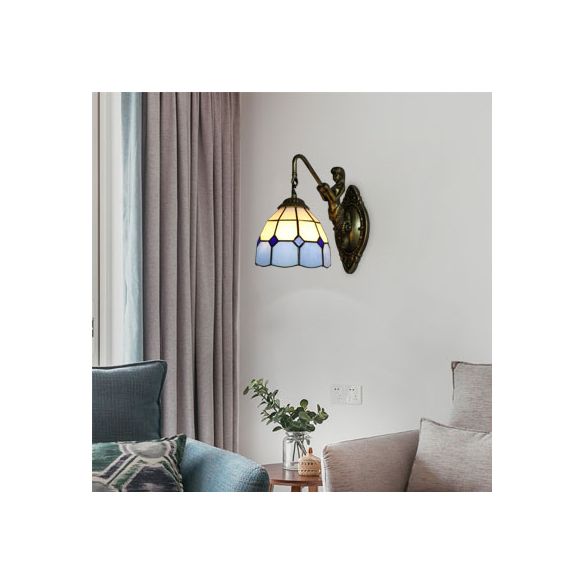 1 Head Wall Mount Light Tiffany Grid Patterned White and Blue Glass Sconce Light Fixture
