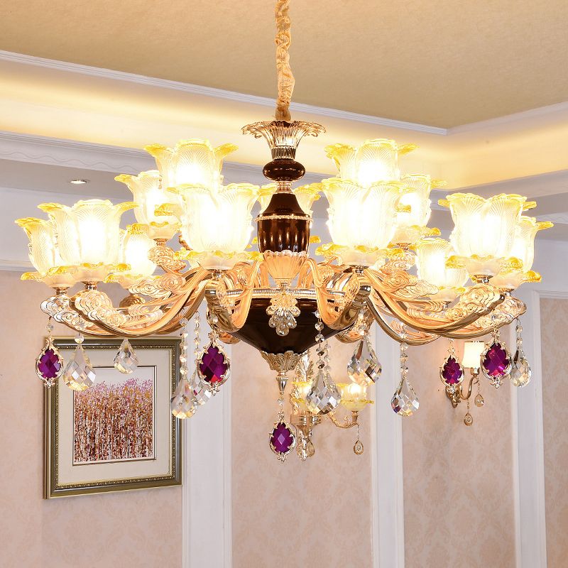 Gesneden glas bloemen suspensie licht retro stijl woonkamer kroonluchter licht met kristal accent