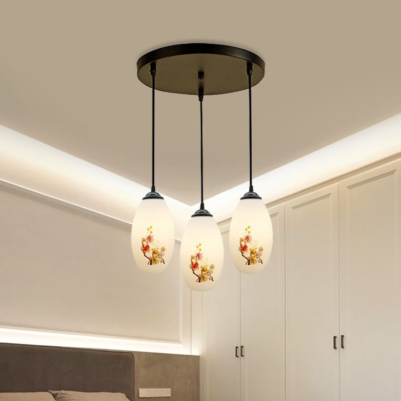 3 Bulbs Multiple Hanging Light Modern Oblong Frosted White Glass Linear/Round Canopy Pendulum Lamp with Flower Pattern