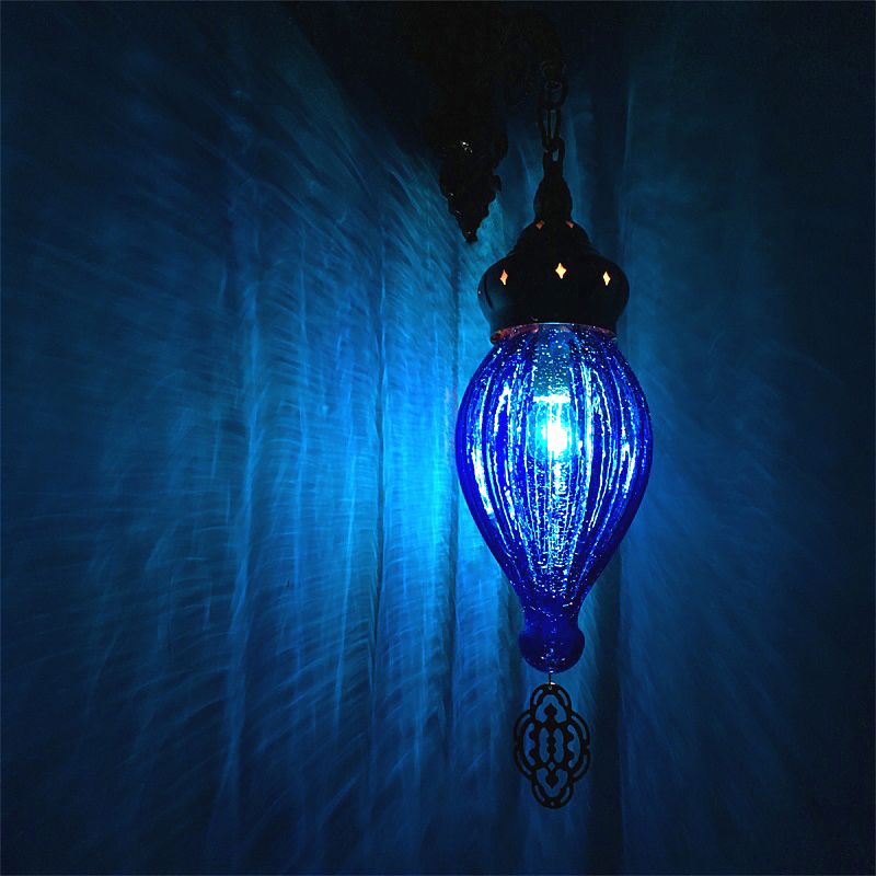 Traditional Teardrop Sconce Black/White/Light Blue Glass 1 Head Wall Mounted Lamp with Carved Metal Arm