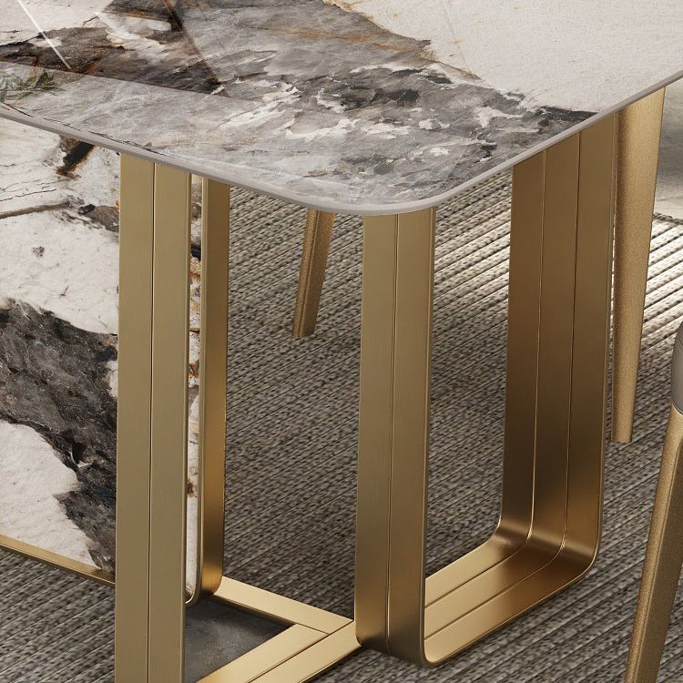 Luxury Style Sintered Stone Dining Table Double Pedestal Base Rectangle Table
