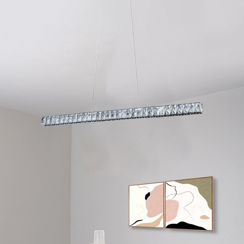 Modernist Linear Island Pendant Crystal Block Dining Room LED Suspension Lighting in Sliver