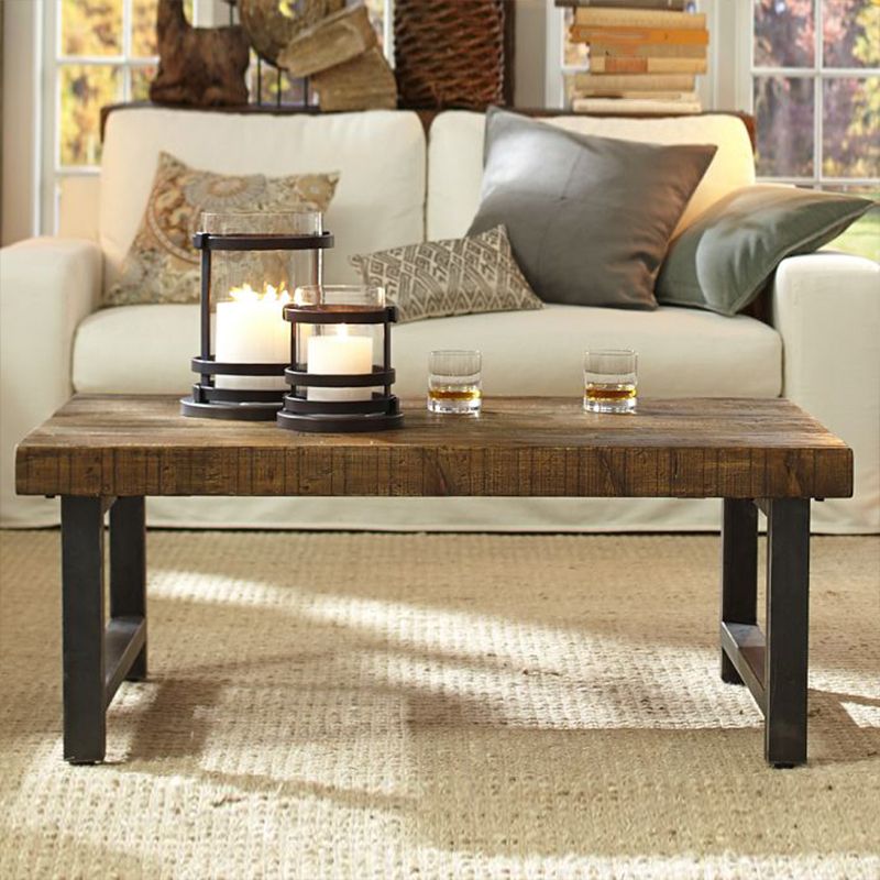 Farmhouse Wood 4 Legs Coffee Table Rectangle Table in Brown Finish