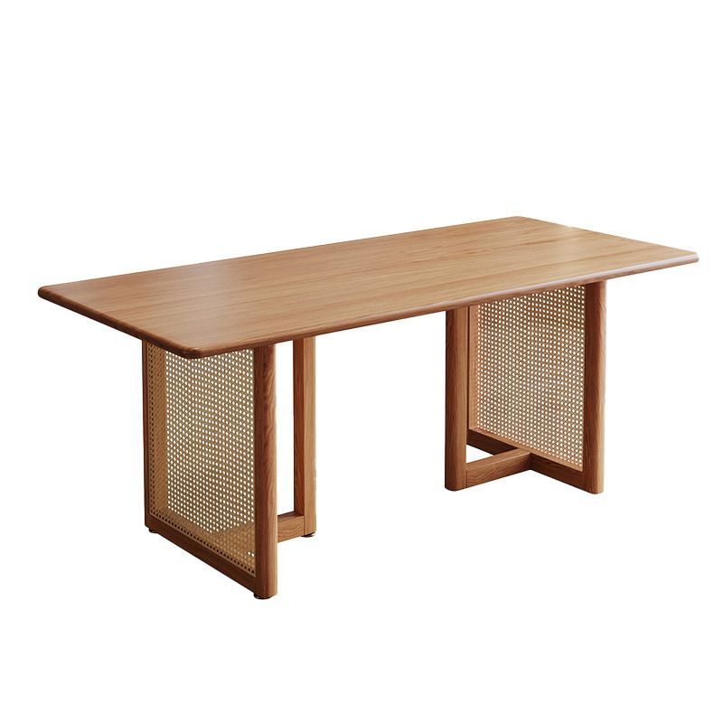 Modern Dining Table Solid Wood Top Dining Table with Double Rattan Base for Living Room