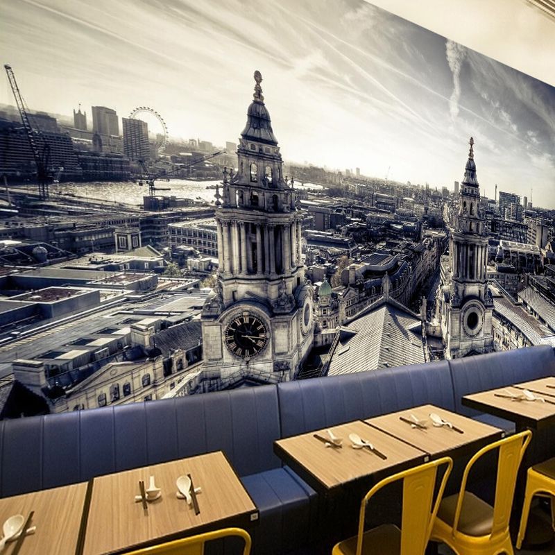 European Classic Murals for Coffee Shop and Restaurant, Street View and Church in Grey and White, Customized Size Available