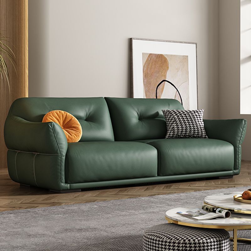 Contemporary Green Square Arm Genuine Leather Stationary Sofa