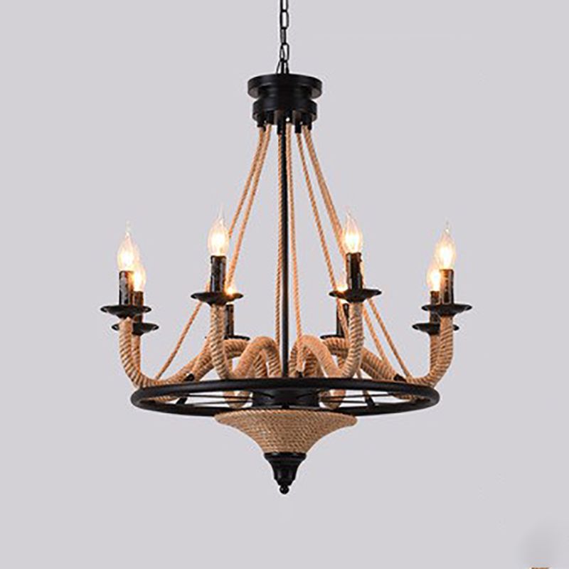 Lámpara de araña de araña negra industrial de araña de forma geométrica con cuerda natural