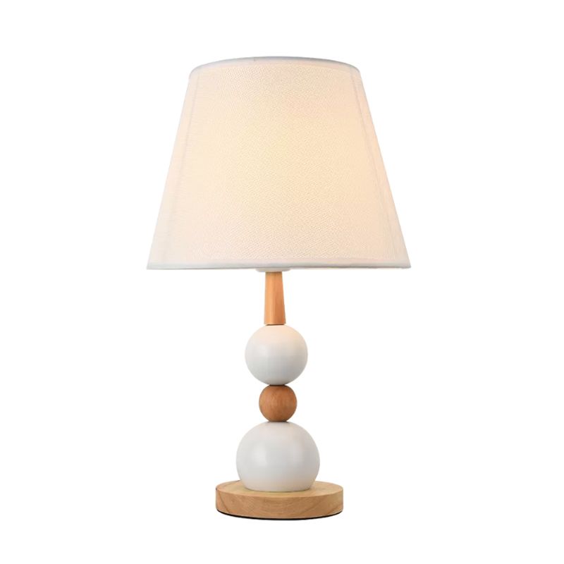 Modern Cone Desk Light Fabric 1-Head Study Room Table Lamp with Round Wooden Base in Black/White