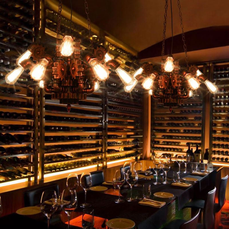 Gear Living Room Pendant Chandelier Vintage Wrought Iron 9 Lights Weathered Copper Hanging Fixture with Chain