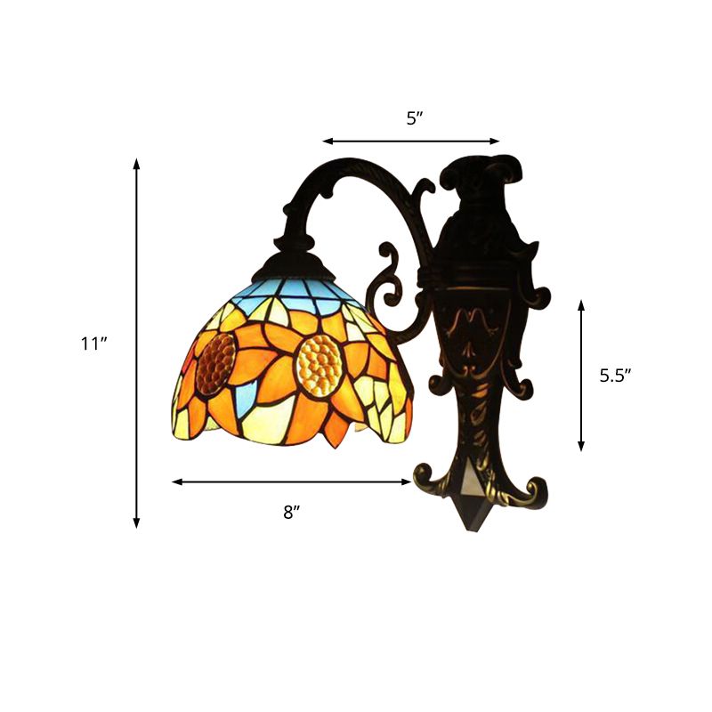 Rustic Tiffany Sunflower Sconce Lamp 1 Head Stained Glass Wall Light in Orange for Bedroom