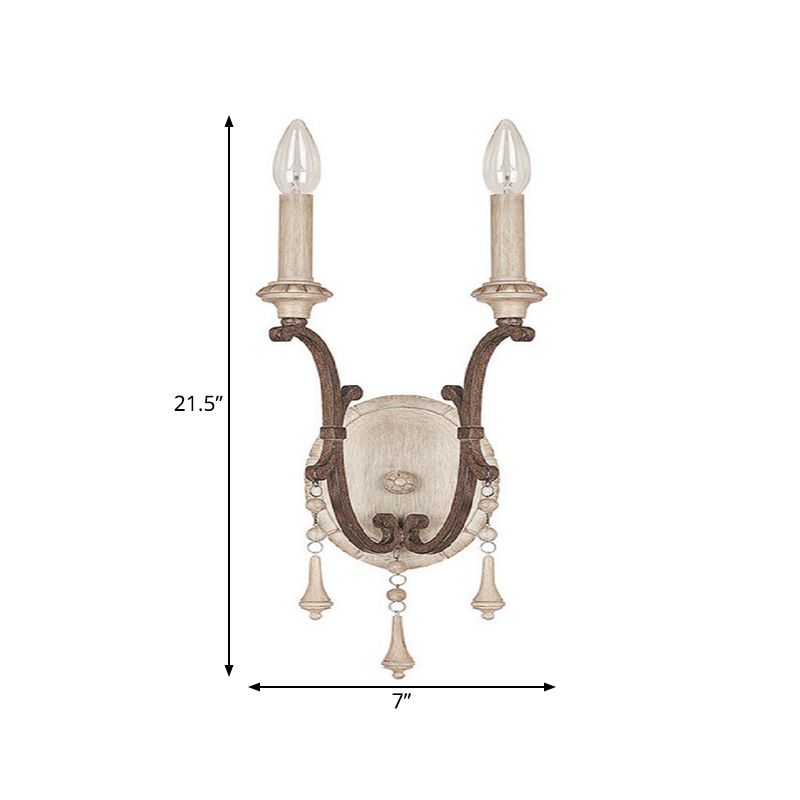 White 2 Lights Sconce Traditional-Style Wood Candelabra Wall Lighting Idea, 7"/13"/14" Wide