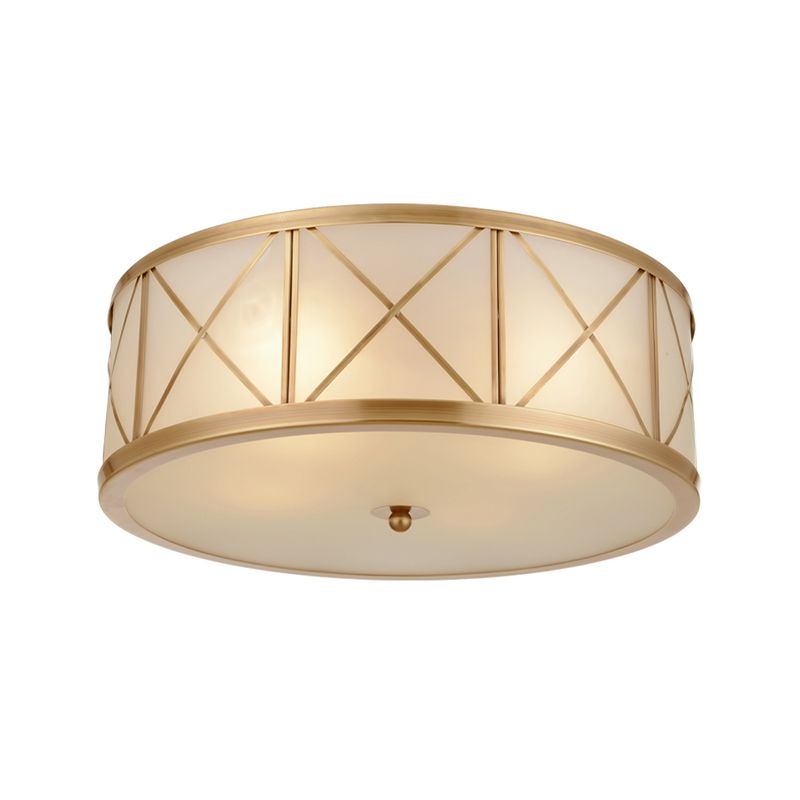 3/4 Heads Cream Glass Ceiling Lamp Colonial Gold Round Bedroom Flush Light with Trellis Cage