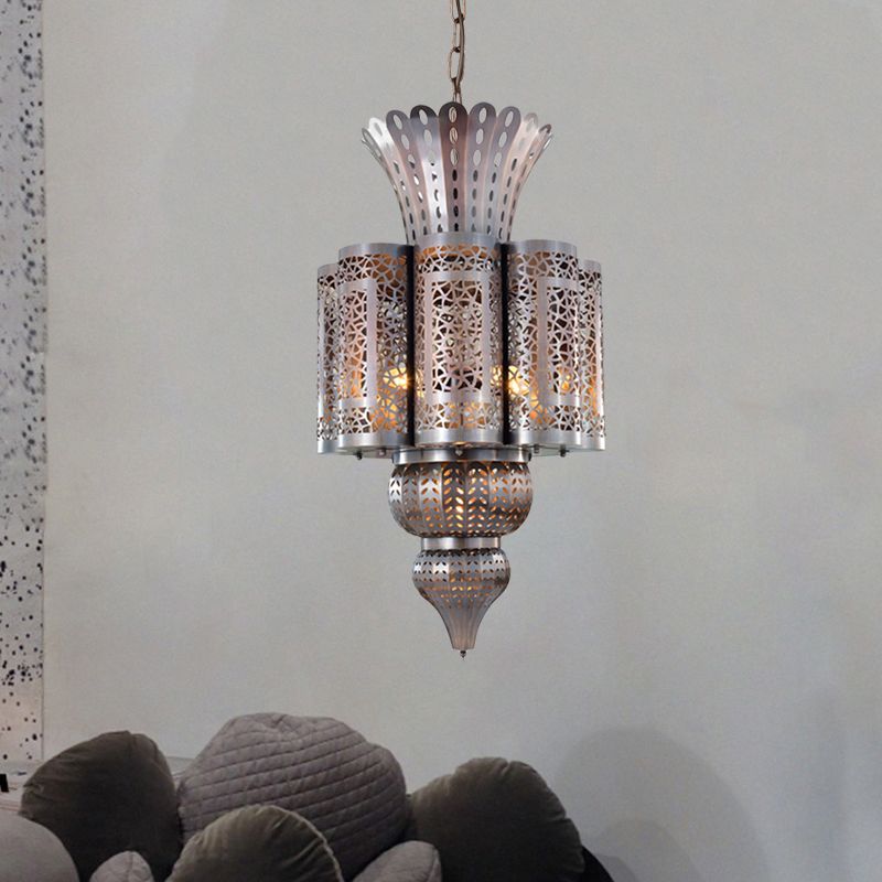 Vintage Hollow-Out Pendant Light 4 Bulbs Metallic Chandelier Ceiling Lamp in Bronze