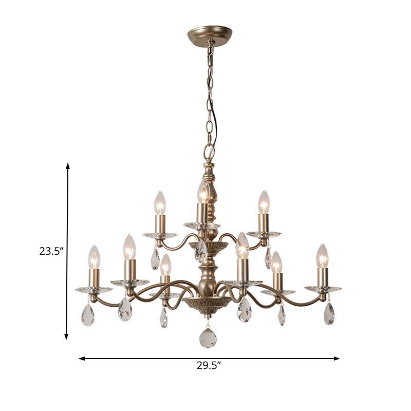 9/12/15 Lights Ceiling Light Country Candle Metal Hanging Chandelier in Champagne for Dining Room with Crystal Drop