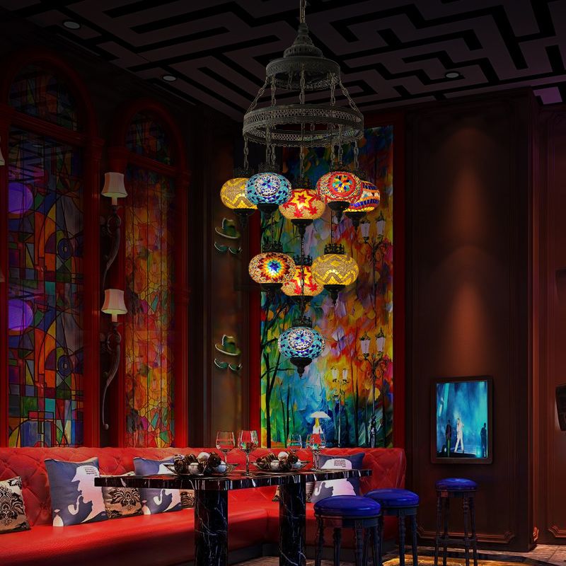 Stained Glass Lantern Pendant Lighting Bohemia Style 9 Bulbs Coffee House Ceiling Chandelier in Black
