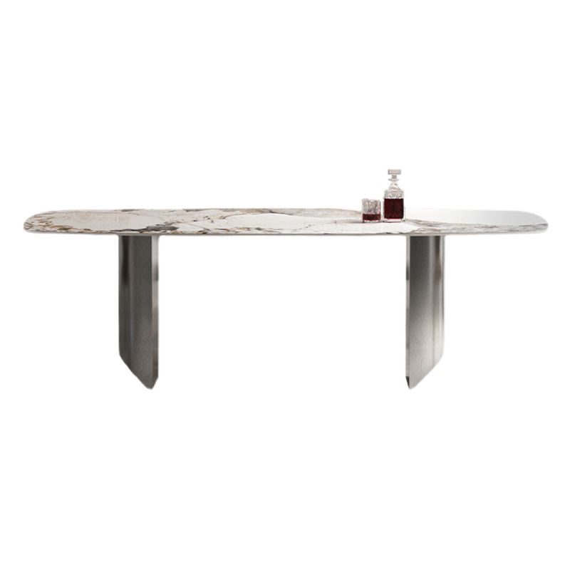Rectangle Sintered Stone Dining Table Modern Table in White with Metal Double Pedestal