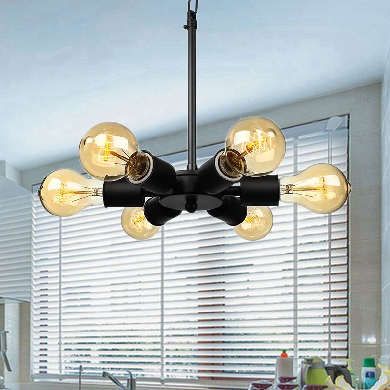 Industrial Exposed Pendant Light 6 Bulbs Metallic Adjustable Chandelier Lighting in Black for Study Room