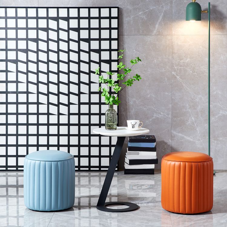 Modern Orange Pouf Water Resistant Round Pure Color Leather Pouf
