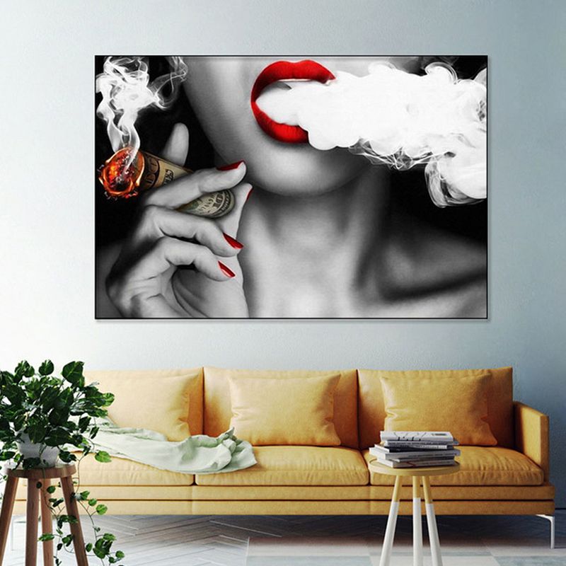 Photography Woman Smoking Canvas Wall Art for Girls Bedroom, Red and Grey, Textured