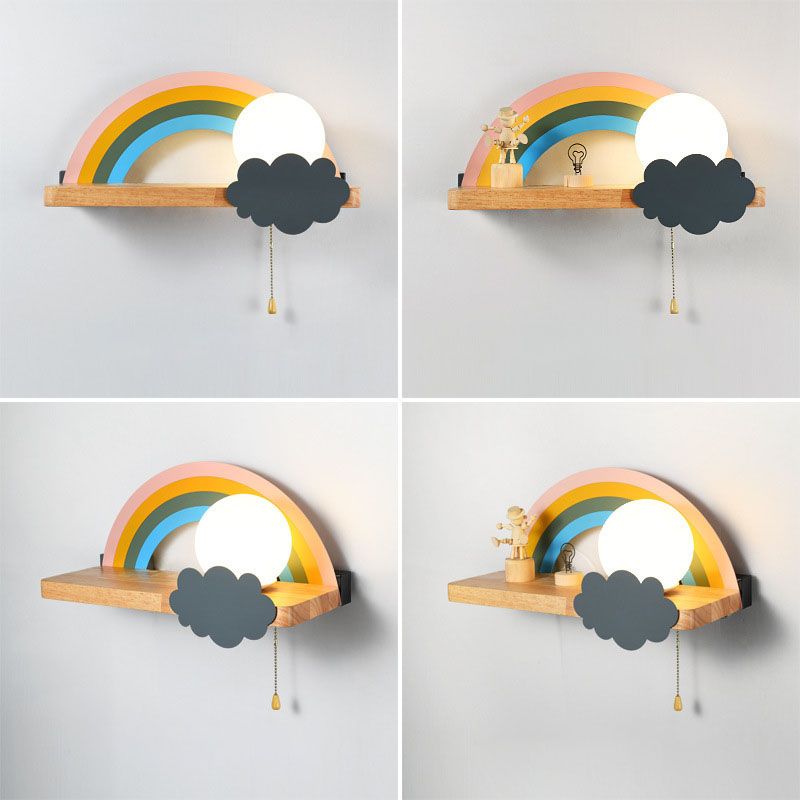 Wood Kids Wall Light Fixture Semicircle Rainbow Sconce Lamp for Children's Room
