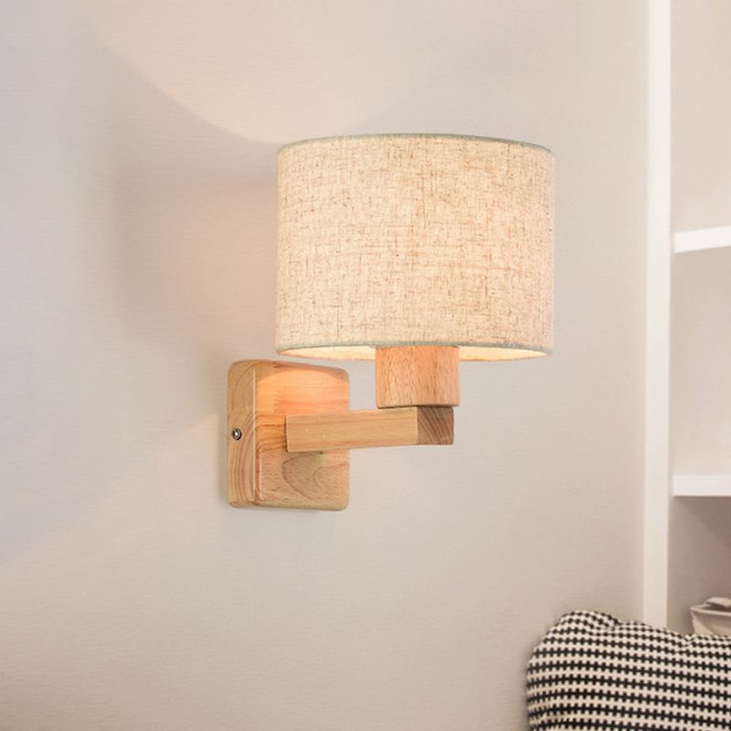 Drum da letto per la parete lampada tessuto Apparecchiatura a 1 luci a parete in stile asiatico con braccio in legno