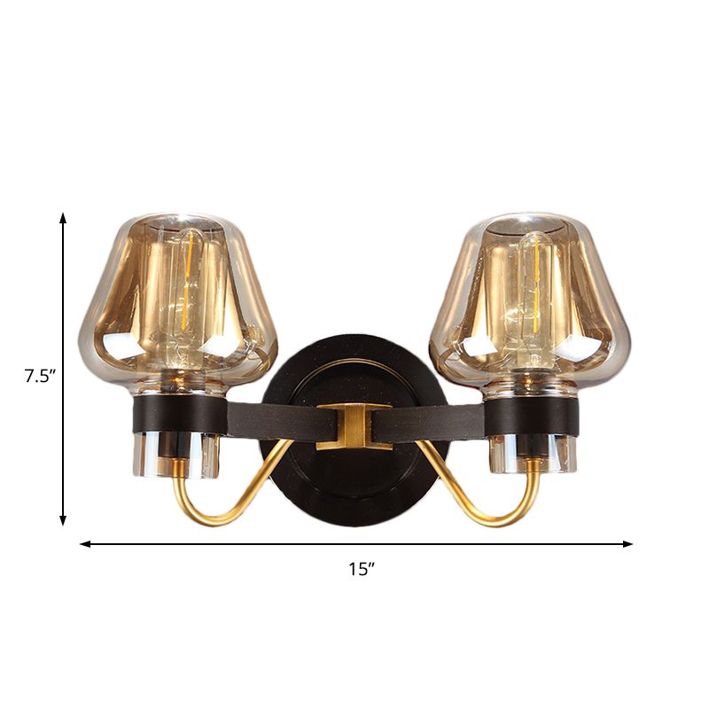 2-Light Mushroom Sconce Light Fixture Modern Black Amber Glass Wall Lamp for Living Room