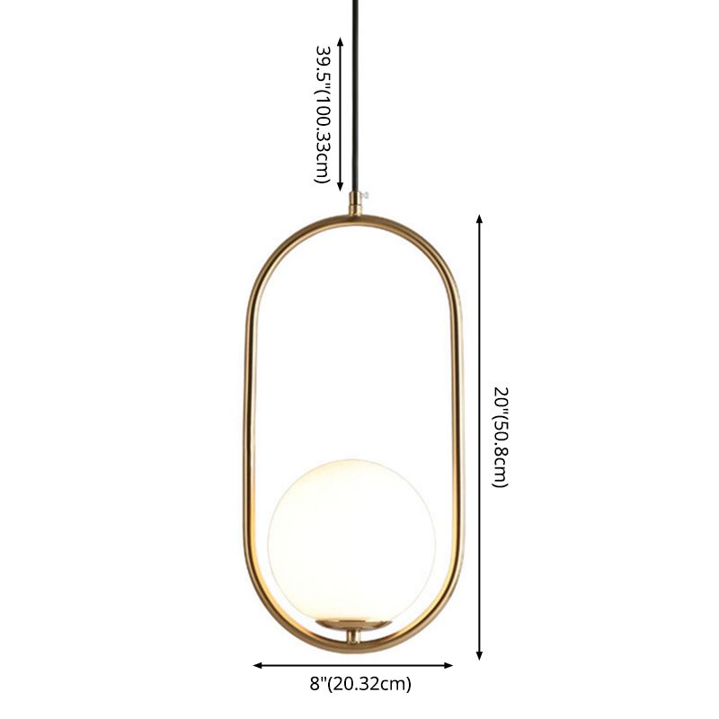 Luz de colgante de vidrio de vidrio de ópalo moderno nórdico Luz de suspensión esférica con anillo de metal elíptico para comedor