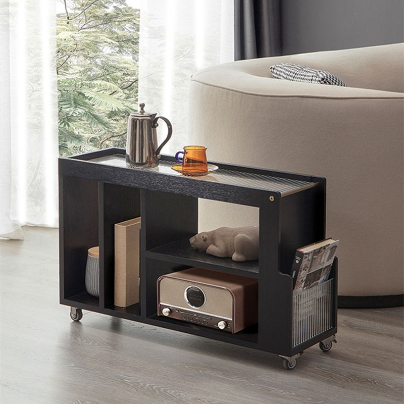 Industrial Sofa Side Accent Table with Glass Top and Storage Shelves