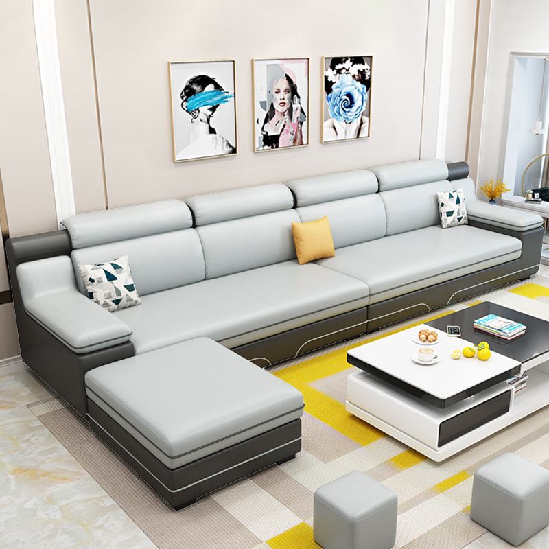 Contemporary Reversible Sectional Linen/Faux Leather Sofa with Ottoman for Four People