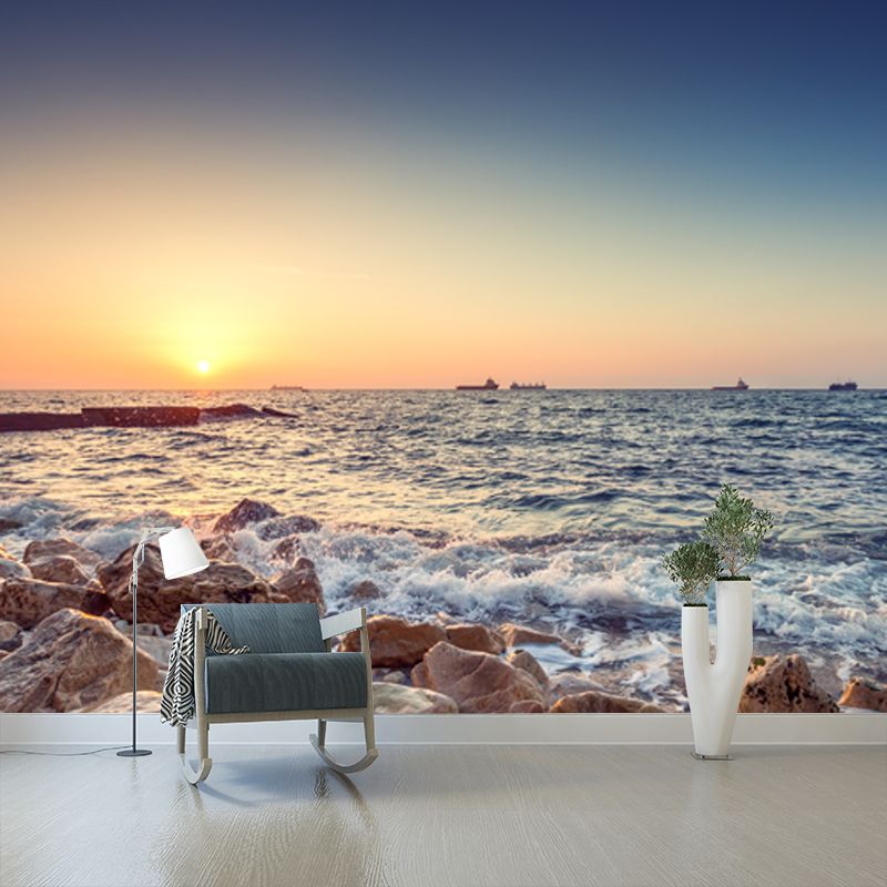 Tropic Ocean Rocky Bay Mural Wallpaper Blue Sunset Scenery Wall Art, Customization