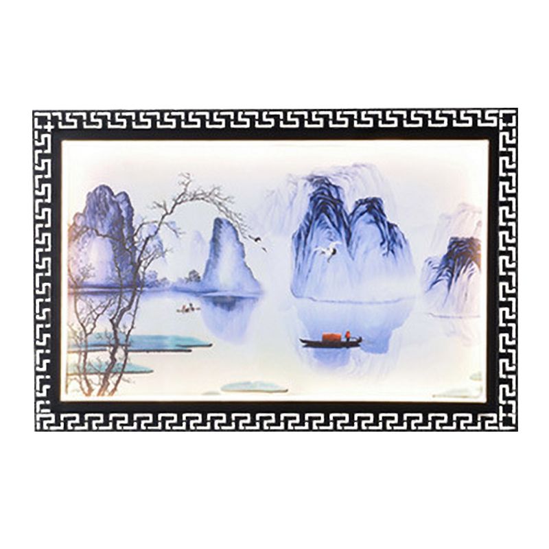 Dark Blue Mountain Scene Mural Lighting Asia LED Fabric Wall Mounted Lamp for Family Room
