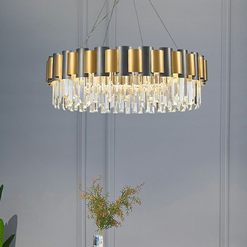 Circular Crystal Prism Hanging Lamp Simplicity Gold and Black Chandelier Pendant Light