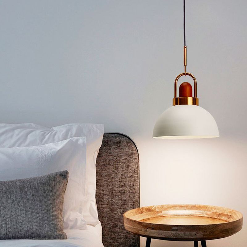 Metal Hemispherical Hanging Light Nordic Style 1 Light  Restaurant Ceiling Pendant Lamp with Wooden Top