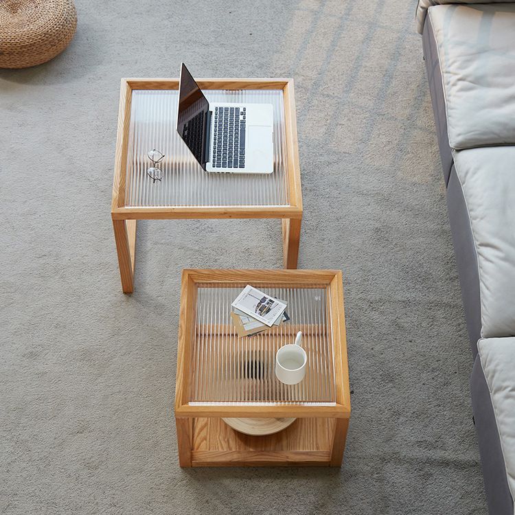 Modern Glass Top Coffee Table Square Natural Wood Cocktail Table