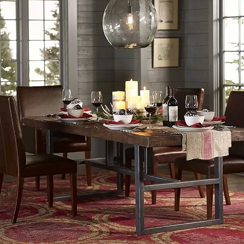 Contemporary Brown Kitchen Dining Table Rectangle Solid Wood Dining Table with Trestle Base