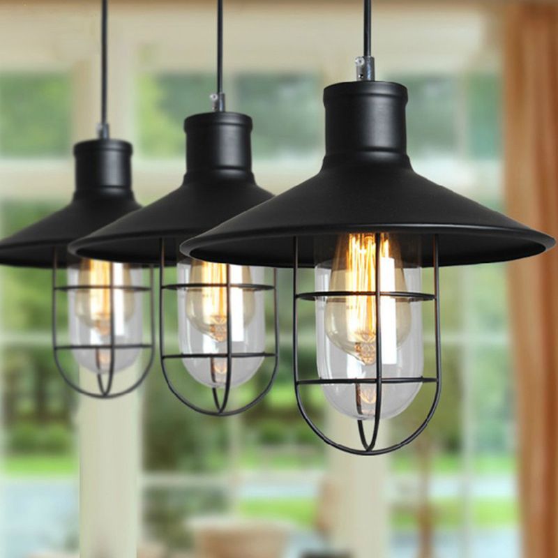 Saucer Dining Room Pendulum Light Rustic Iron 1 Bulb 10.5"/14" Wide Black Pendant Lamp with Extra 2-Shade Guard