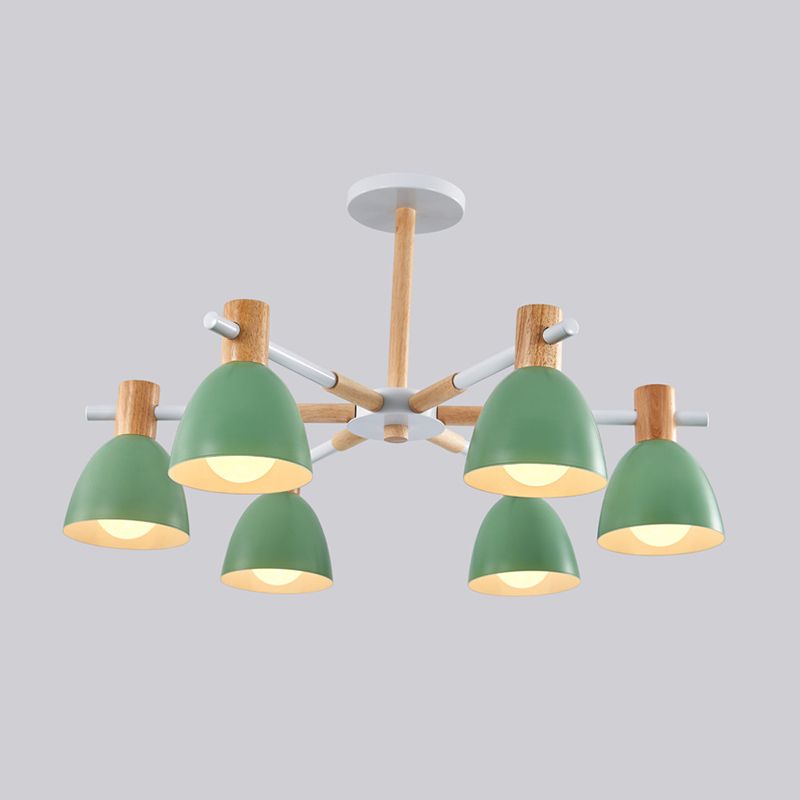 Bell Shaped Living Room Chandelier Metal Macaron Style Ceiling Hang Light with Wood Accents